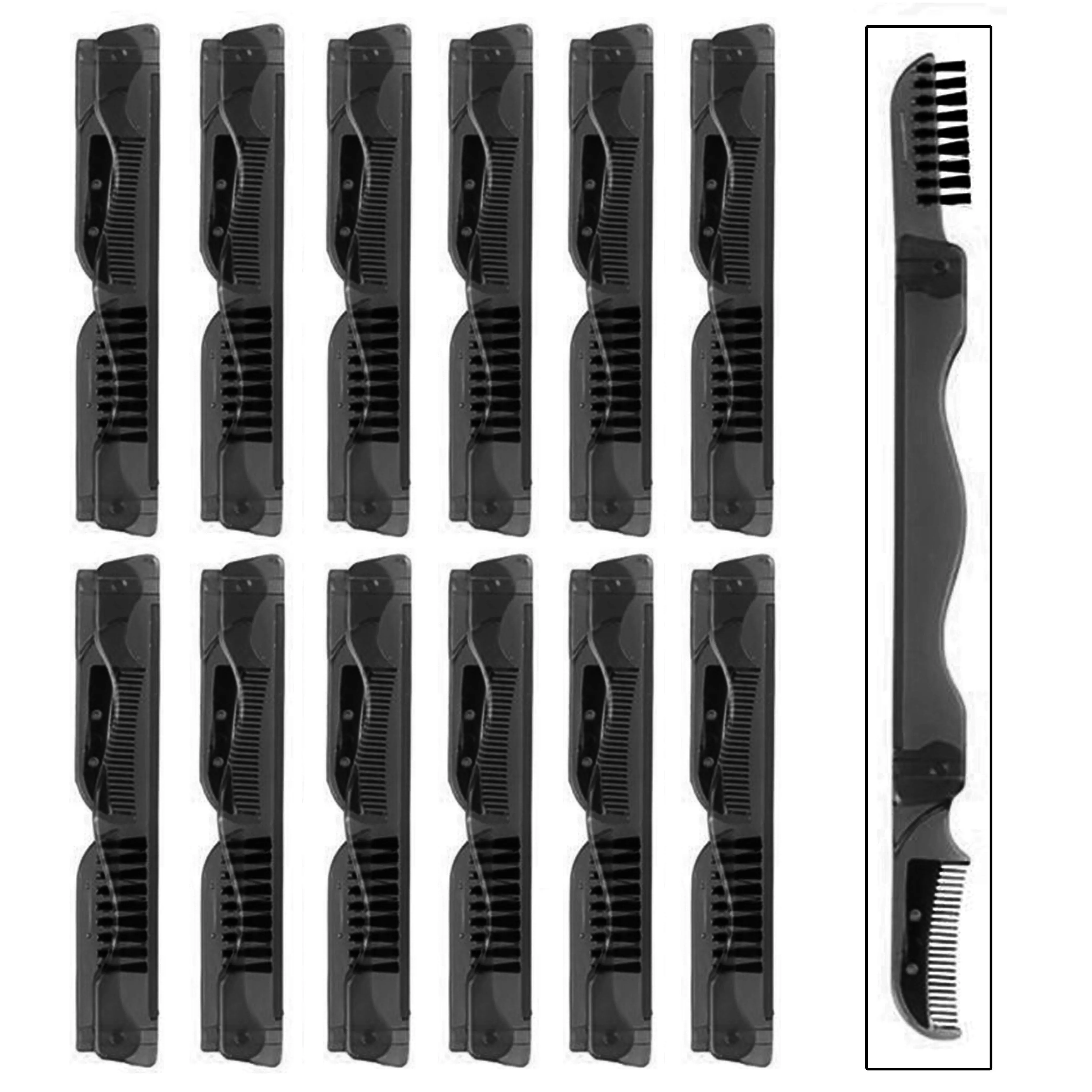 12 Bulk Eyebrow Razors Pocket Folding Facial Hair Trim Shaper Shaver Brush Comb