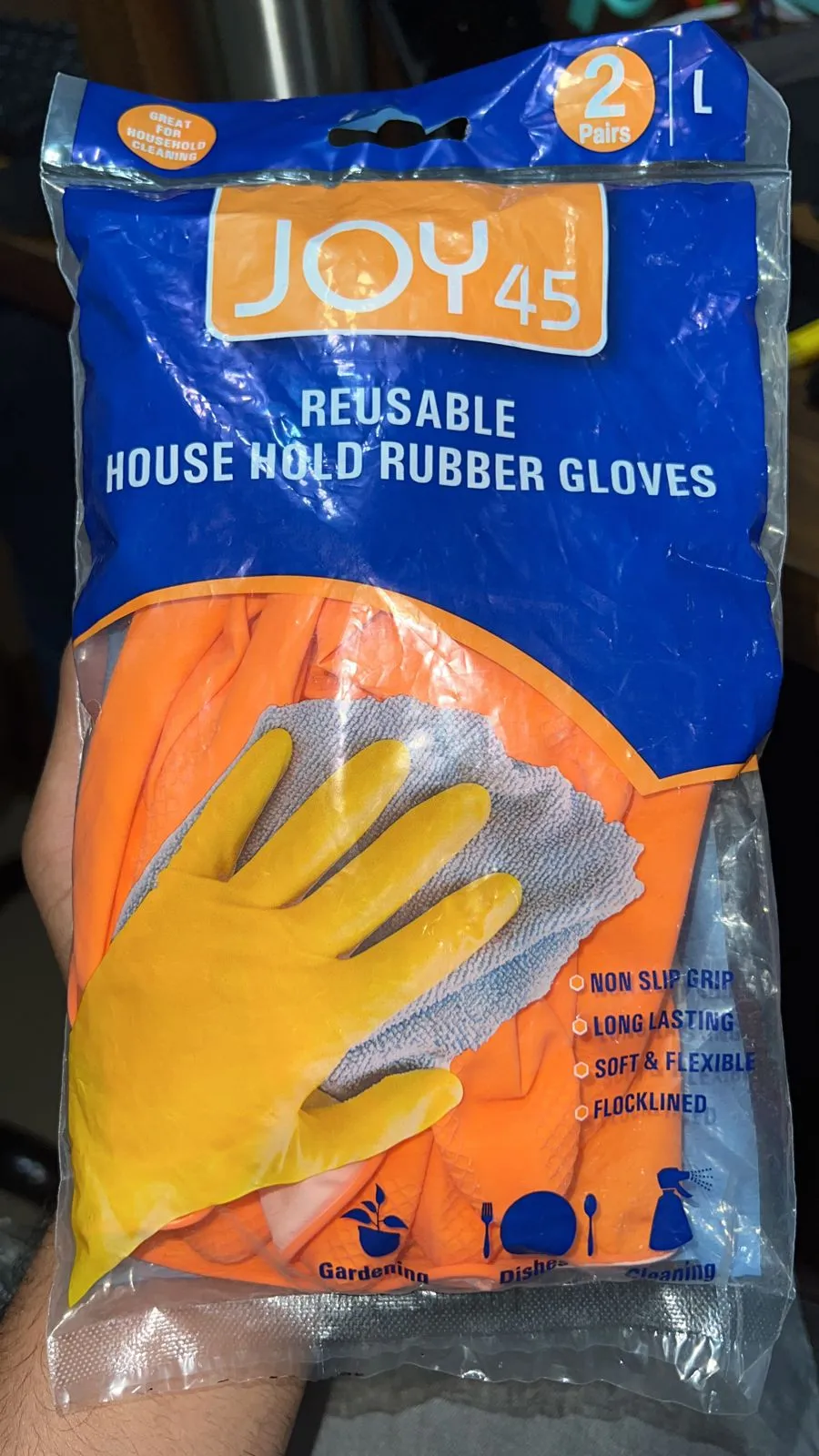 2 Pair Large Orange Gloves For Types Of Purposes Like Washing Utensils, Gardening And Cleaning Toilet Etc.