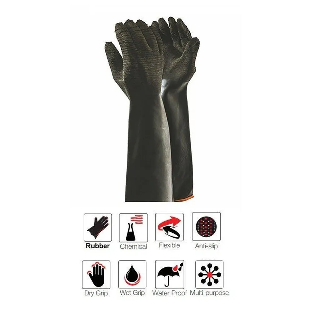 350mm 14'' Chemical resistant rough crinkle palm black rubber latex gloves