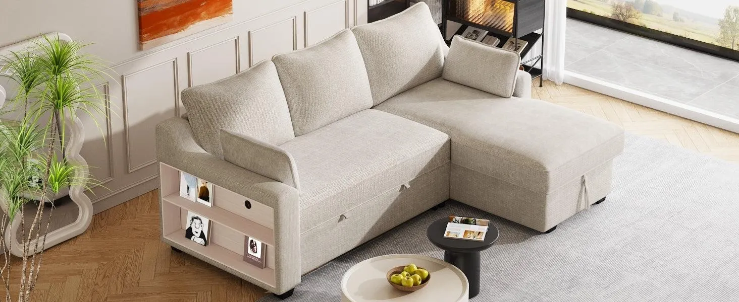 90" Pull Out Sleeper Convertible Sofa Bed with Storage Chaise, Storage Racks and USB Ports, Beige