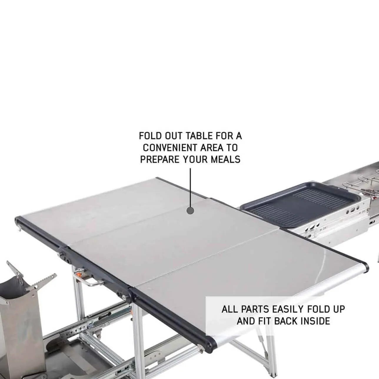 Komodo Camp Kitchen - Dual Grill, Skillet, Folding Shelves, and Rocket Tower - Stainless Steel